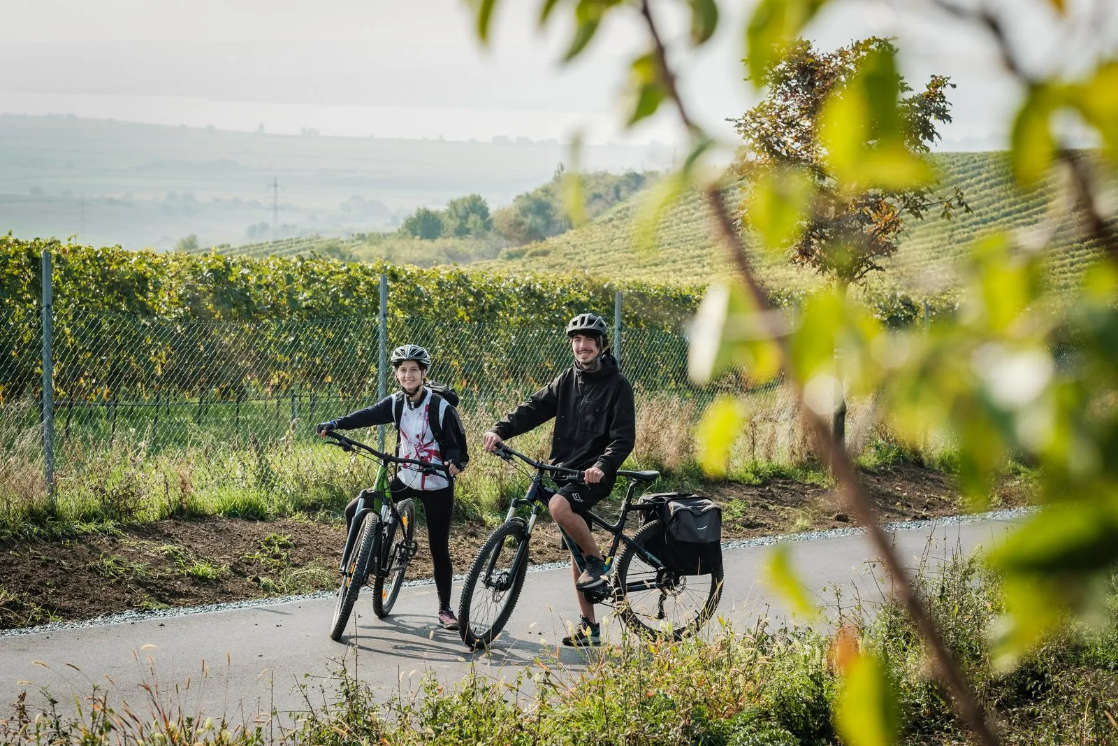 Mladí cyklisté u vinohradu